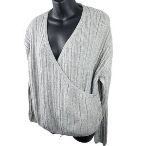 Winter V-Neck Wrap Pullover Gray Ribbed Knit Sweater Cardigan Women L Warm Cozy